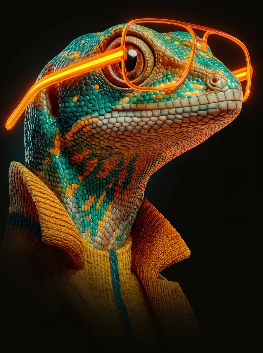Chameleon wearing glasses that glow orange: Christian Irack's brand